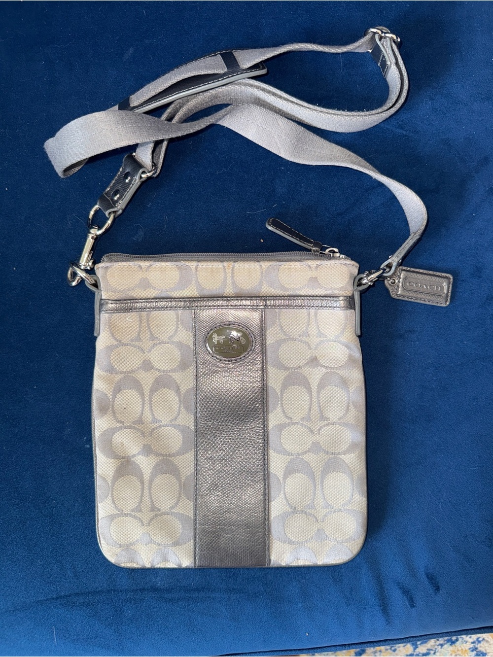 Coach Signature Crossbody in Silver and Beige